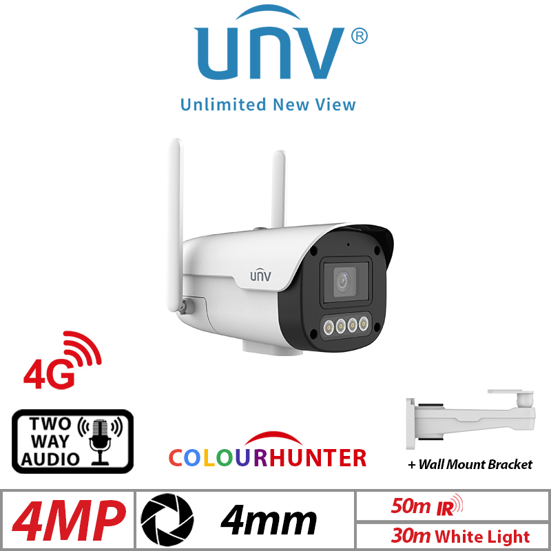 4MP Uniview ColorHunter 4G Bullet Network Camera – Fixed Dual-Light, 4mm, White (IPC2A14LP-ADF40KC-4G-E)