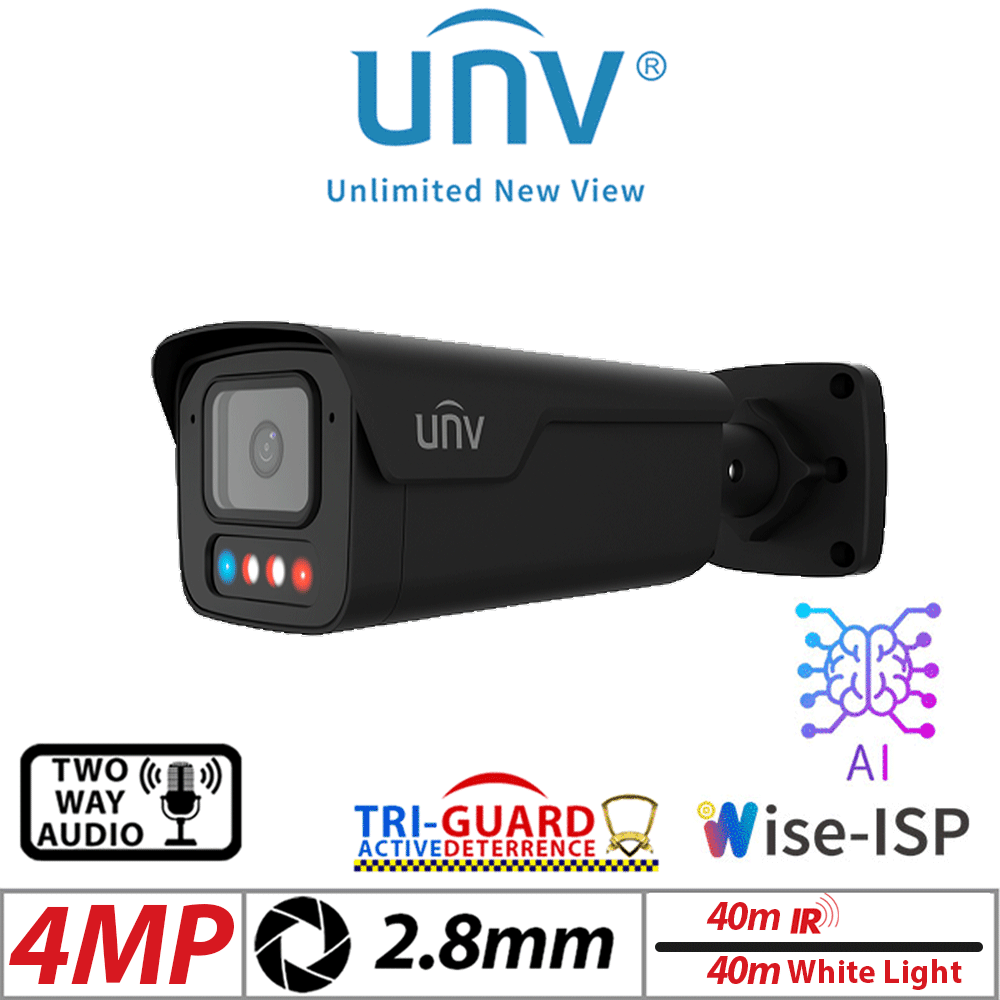 4MP Uniview Tri-Guard 3.0 Bullet Network Camera AI, OWLVIEW PLUS, 2.8mm, BLACK IPC2B14SE-ADF28KMC-WP-I1-BLACK