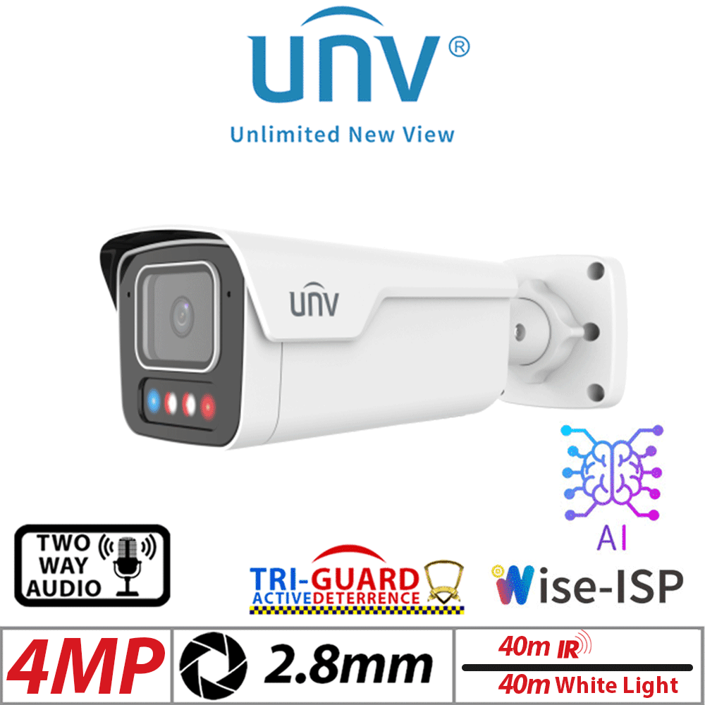 4MP Uniview Tri-Guard 3.0 Bullet Network Camera AI, OWLVIEW PLUS, 2.8mm, White IPC2B14SE-ADF28KMC-WP-I1