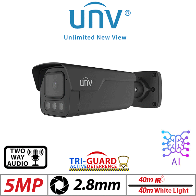 5MP Uniview Tri-Guard 2.0 Bullet Network Camera – Deep Learning AI, 2.8mm, BLACK IPC2B15SS-ADF28KMC-I1-BLACK