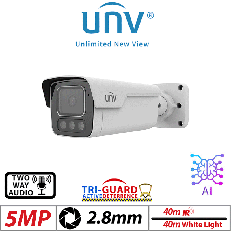 5MP Uniview Tri-Guard 2.0 Bullet Network Camera – Deep Learning AI, 2.8mm, White IPC2B15SS-ADF28KMC-I1