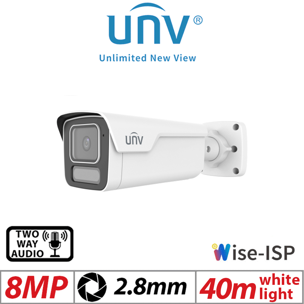 8MP Uniview Tri-Guard 3.0 Bullet Network Camera AI, OWLVIEW PLUS, 2.8mm, White IPC2B18SE-ADF28KMC-WP-I1