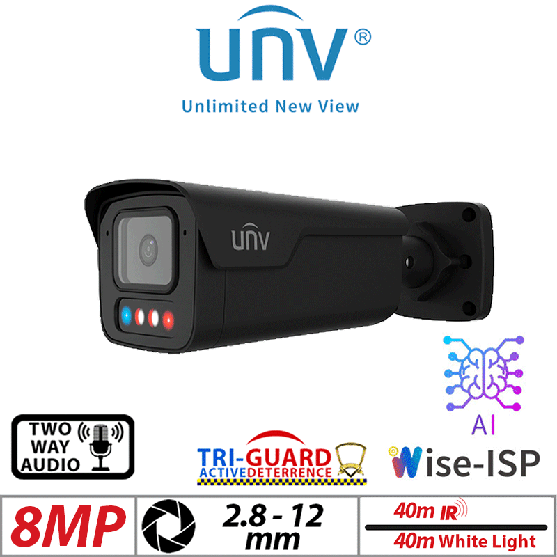 8MP Uniview Tri-Guard 3.0 Bullet Network Camera AI, OWLVIEW PLUS, MOTORIZED 2.8 TO 12, BLACK IPC2B18SE-ADZKMC-WP-I1-BLACK