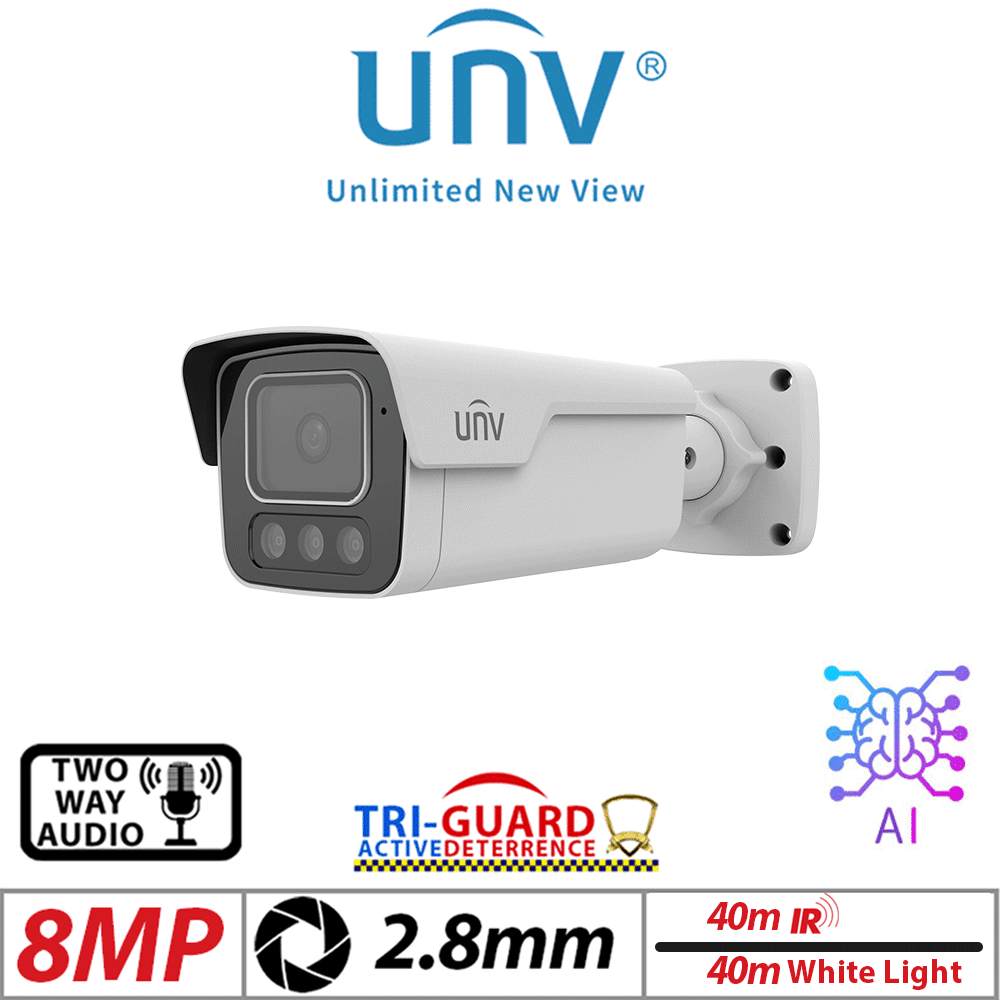 8MP Uniview Tri-Guard 2.0 Bullet Network Camera , Deep Learning AI, 2.8mm, White (IPC2B18SS-ADF28KMC-I1)