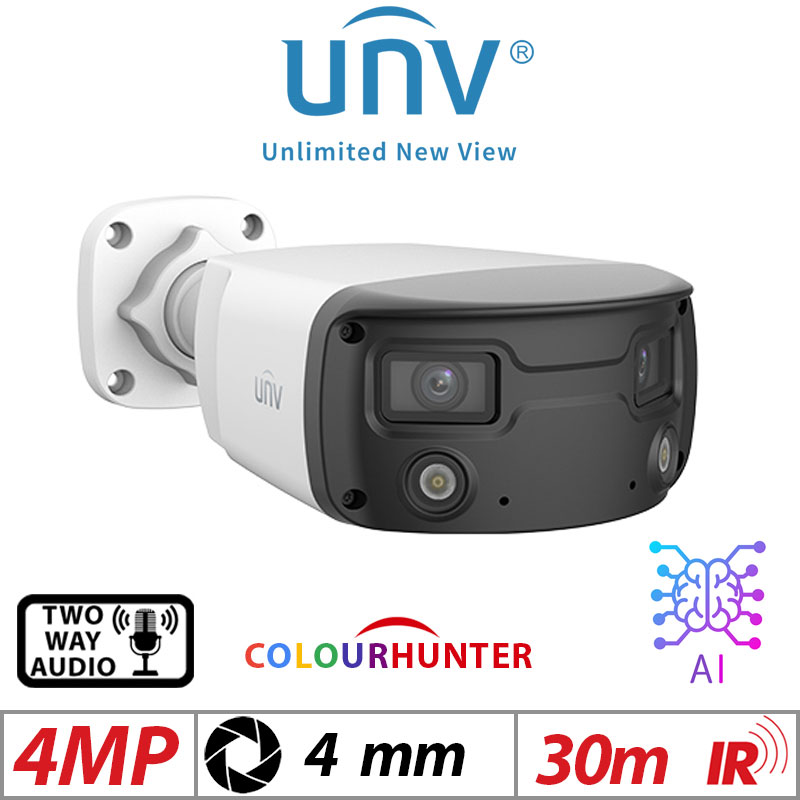 4MP Uniview ColorHunter Bullet Network Camera – 24/7 Colour, HD, Wide-Angle, Dual Lens, Deep Learning AI, 2-Way Audio, 4mm (IPC2K24SE-ADF40KMC-WL-I0)