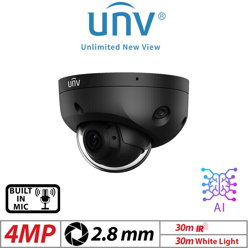 UNIVIEW 4MP MINI VANDAL DOME NETWORK CAMERA, DUAL-LIGHT, BUILT-IN MIC, AI, BLACK, 2.8MM UNV-IPC314LE-ADF28K-DL-BLACK