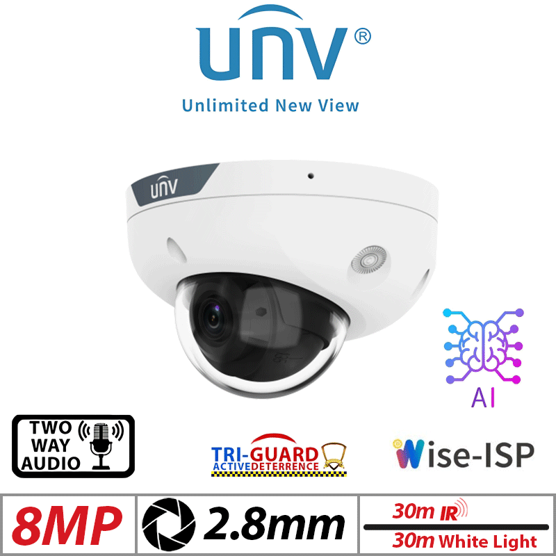 UNIVIEW 8MP MINI DOME NETWORK CAMERA VANDAL-RESISTANT ,TRI-GUARD , Wise-ISP 2.8MM, WHITE , 2.8MM IPC318SB-ADF28KMC-DL-I1