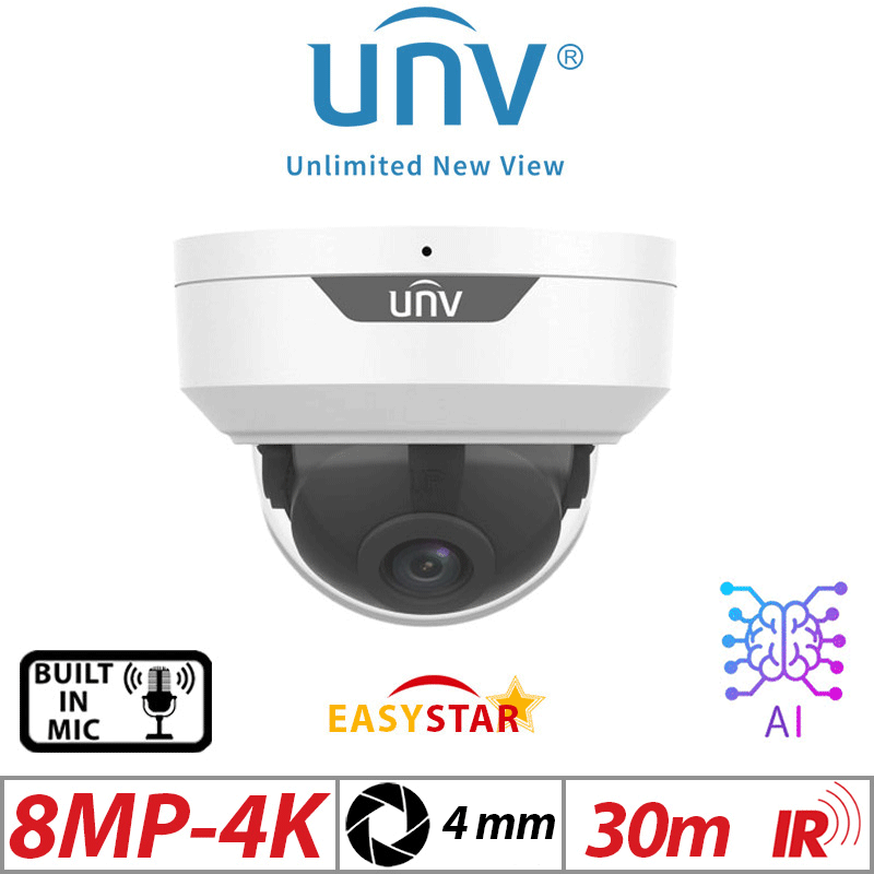 Uniview 8MP Fixed Dome Network Camera – Vandal-Resistant, IR, Mic, 4mm IPC328LE-ADF40K-H-WHITE