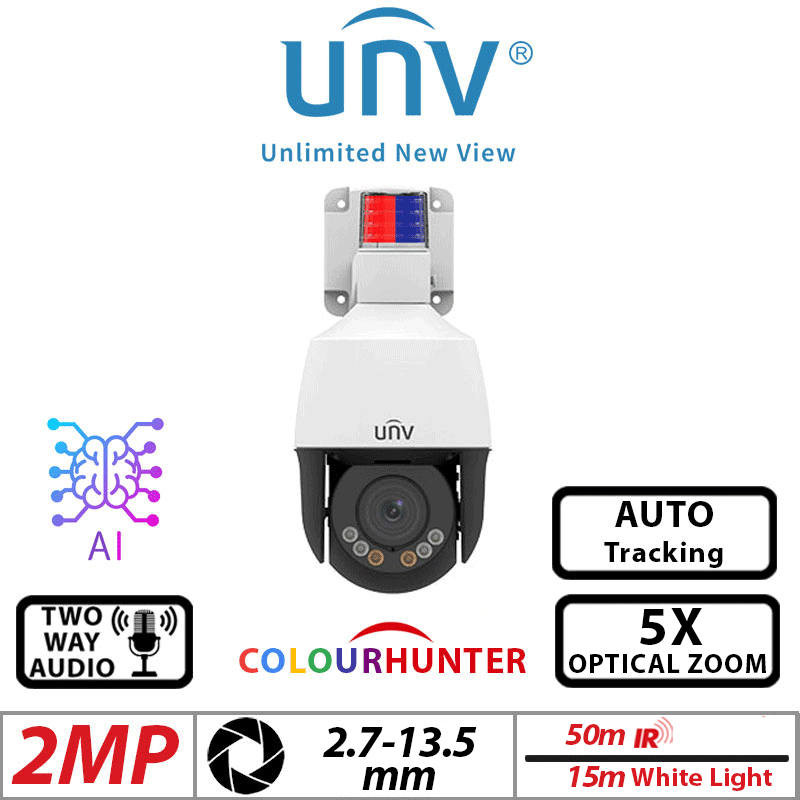 UNIVIEW 2MP PTZ CAMERA - COLOR HUNTER TRI-GUARD , 5X ZOOM, AUTO-TRACKING, AI, 2-WAY AUDIO 2.7-13.5MM WHITE (IPC6312LFW-AX5C-VG1)