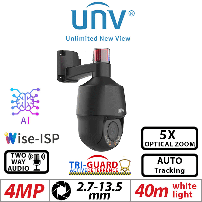 UNIVIEW 4MP PTZ CAMERA WISE-ISP Tri-Guard 5X ZOOM, AUTO-TRACKING, AI, 2-WAY AUDIO BLACK IPC6324LWH-AX5C-VG2-BLACK