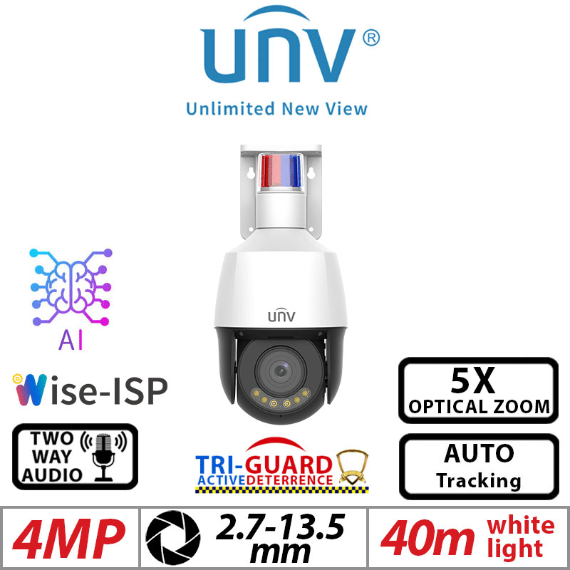 UNIVIEW 4MP PTZ CAMERA WISE-ISP Tri-Guard 5X ZOOM, AUTO-TRACKING, AI, 2-WAY AUDIO IPC6324LWH-AX5C-VG2