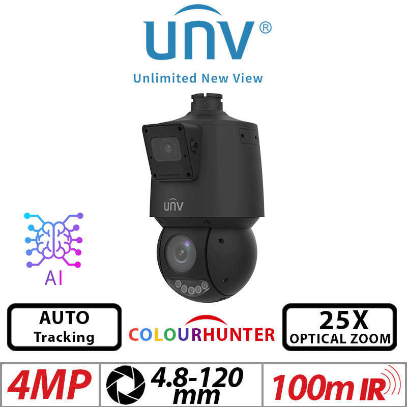 Uniview 2×4MP PTZ Camera – ColorHunter, 25X Zoom, Auto-Tracking, AI, Black (IPC94144SFW-X25-F40C-BLACK)