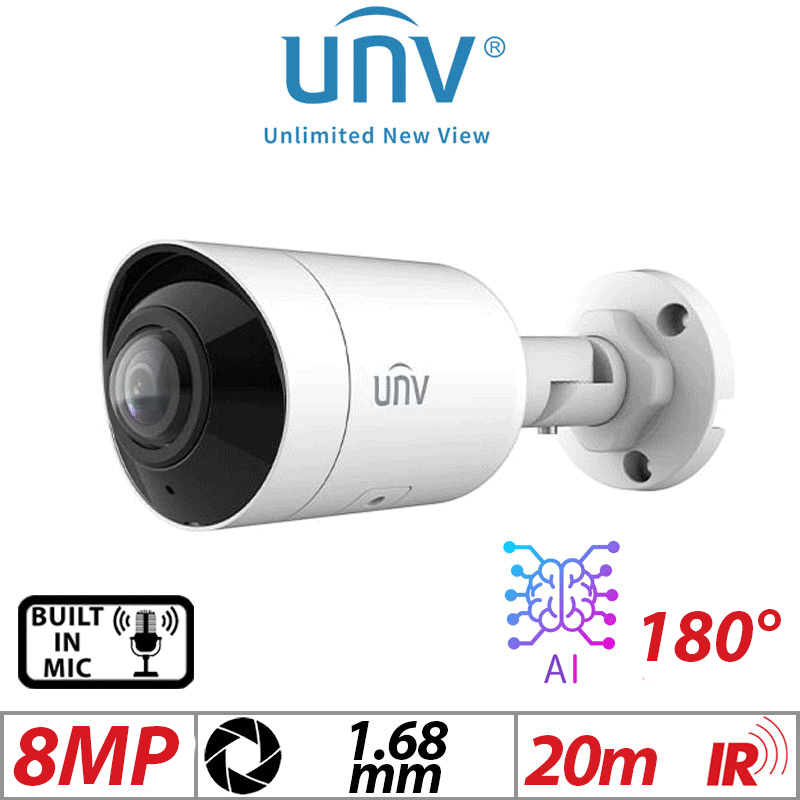 8MP Uniview Wide-Angle Bullet Network Camera – HD, Intelligent IR, Deep Learning AI, Built-in Mic, 1.68mm (IPC2108SB-ADF16KM-I0)