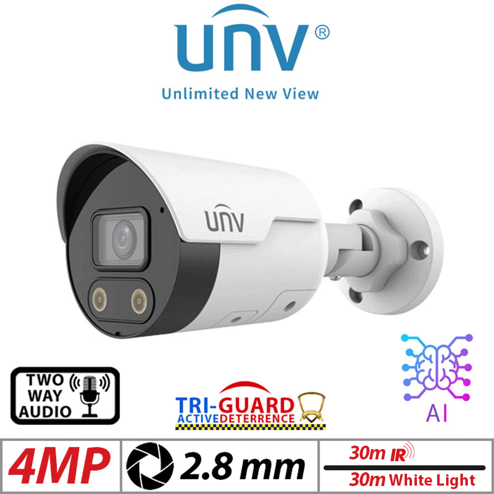 4MP Uniview Tri-Guard Bullet Network Camera – HD, Intelligent Light & Audible Warning, Deep Learning AI, 2-Way Audio, 2.8mm (IPC2124SB-ADF28KMC-I0)