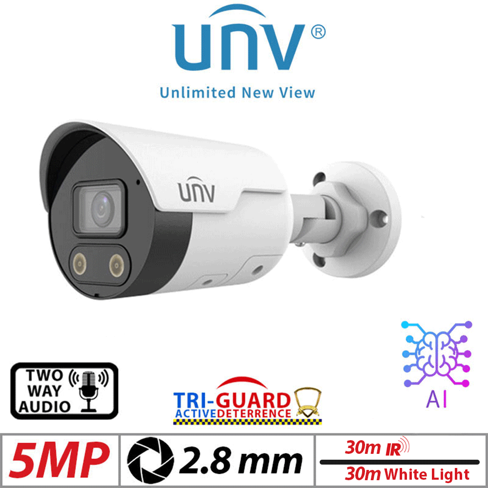 5MP Uniview Tri-Guard Bullet Network Camera – HD, Intelligent Light & Audible Warning, Deep Learning AI, 2-Way Audio, 2.8mm (IPC2125SB-ADF28KMC-I0)