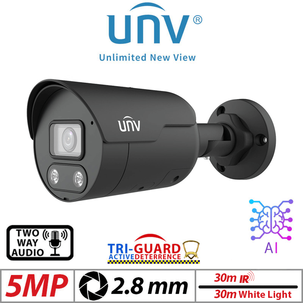5MP Uniview Tri-Guard Bullet Network Camera – HD, Intelligent Light & Audible Warning, Deep Learning AI, 2-Way Audio, 2.8mm (IPC2125SB-ADF28KMC-I0-BLACK)