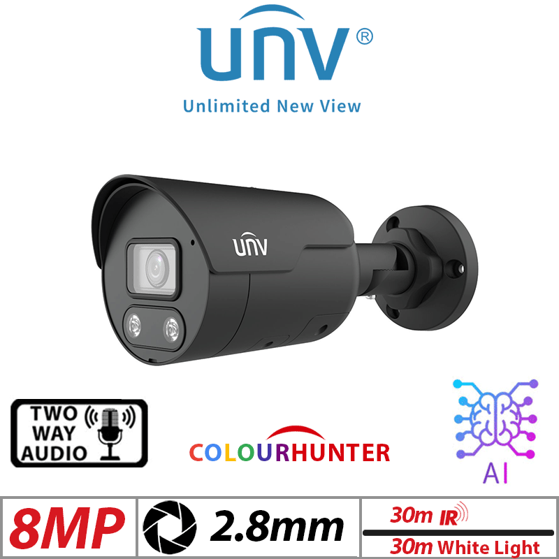 8MP Uniview Bullet Network Camera – 4K, HD, Intelligent Light & Audible Warning, Built-in Mic, 2.8mm, Black (IPC2128SB-ADF28KMC-I0-BLACK)