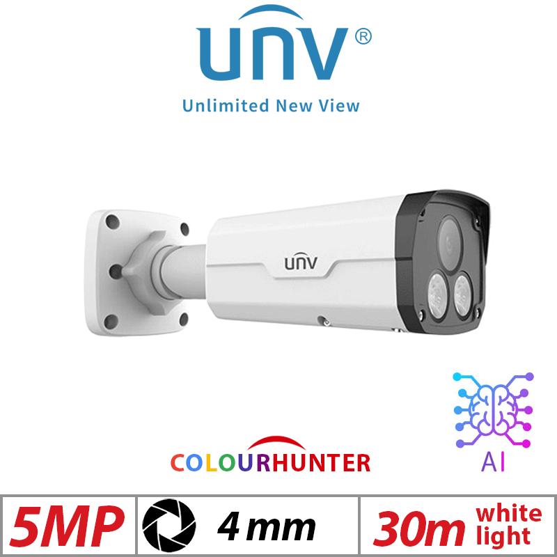 5MP Uniview ColorHunter Bullet Network Camera – 24/7 Colour, HD, Dual Illuminators, PIR, 4mm, White (IPC2225SE-DF40K-WL-I0)