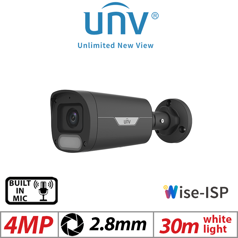 4MP Uniview ColorHunter Fixed Bullet Network Camera – Wise-ISP, 2.8mm, Black (IPC2314LE-ADF28KM-WP-BLACK)