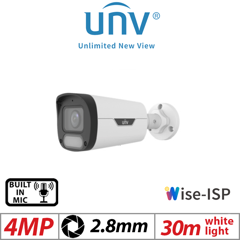 4MP Uniview ColorHunter Fixed Bullet Network Camera – Wise-ISP, 2.8mm, White (IPC2314LE-ADF28KM-WP)