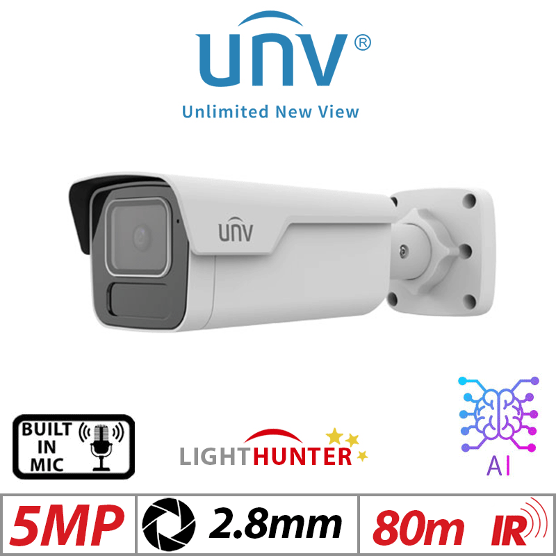 5MP Uniview LightHunter Bullet Network Camera – HD, Intelligent IR, Fixed, Built-in Mic, 2.8mm (IPC2B15SS-ADF28K-I1)