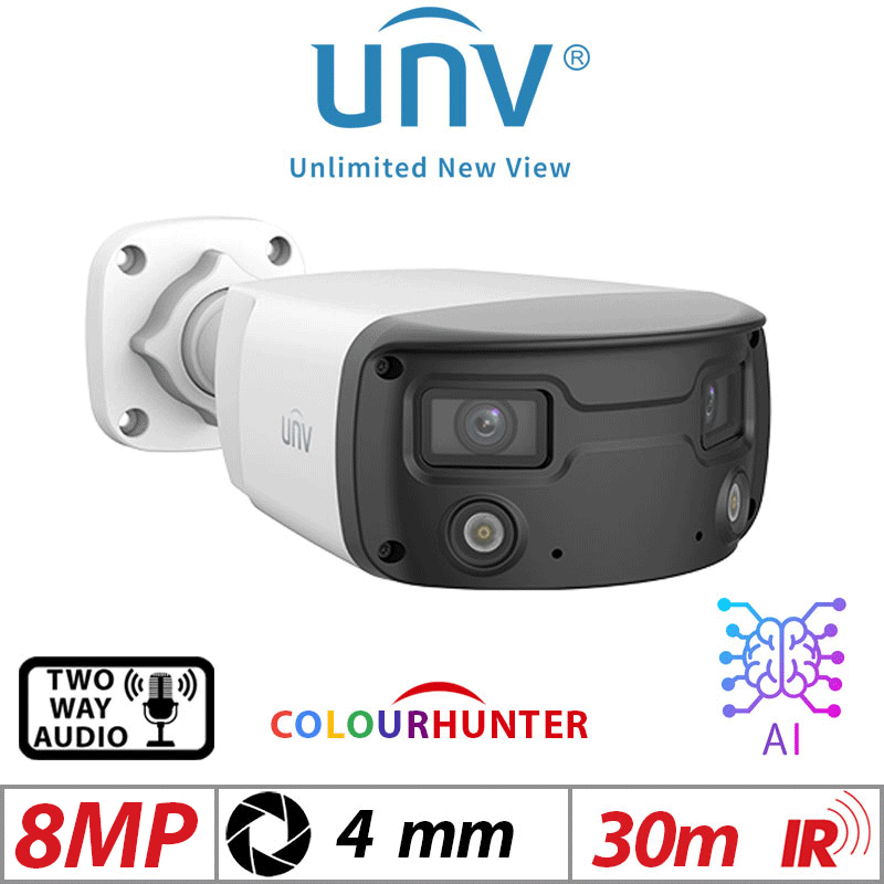 8MP Uniview ColorHunter Bullet Network Camera – 24/7 Colour, HD, Wide-Angle, Dual Lens, Deep Learning AI, 2-Way Audio, 4mm (IPC2K28SE-ADF40KMC-WL-I0)