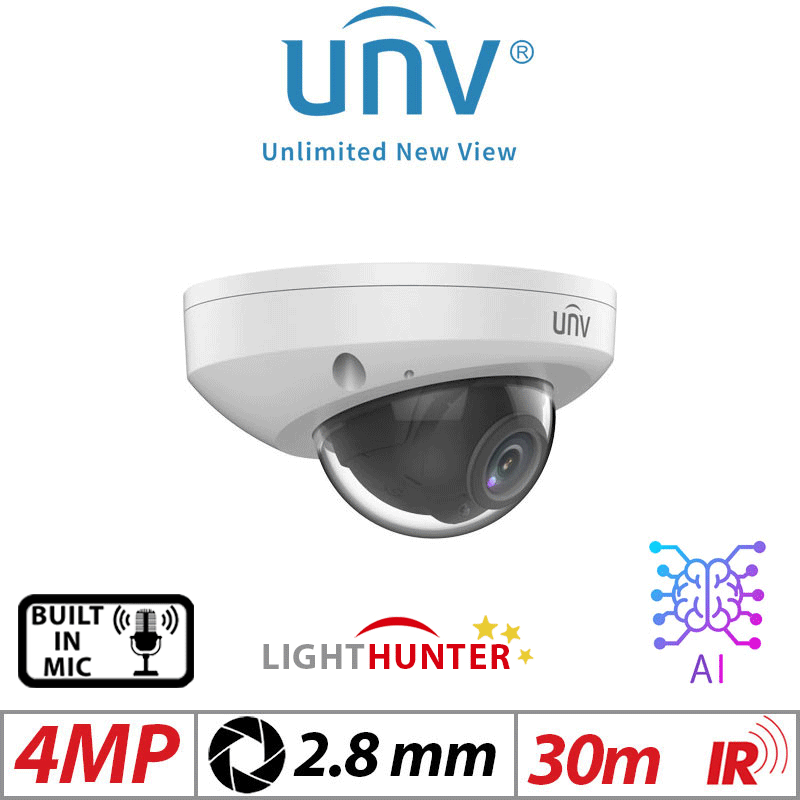 Uniview 4MP Vandal Dome Network Camera – Lighthunter, AI, HD (IPC314SB-ADF28K-I0)