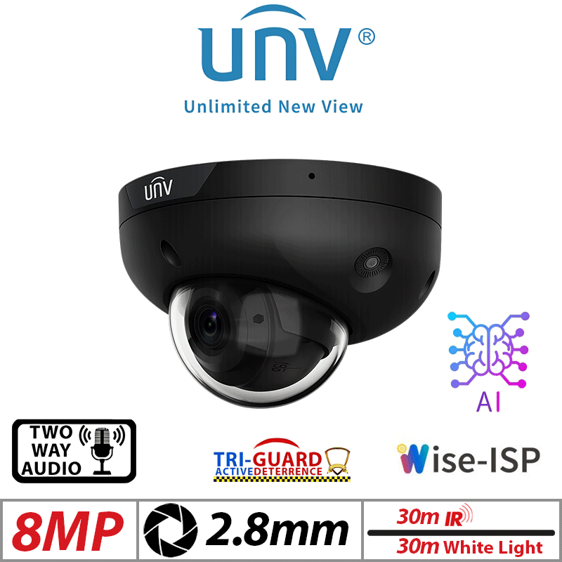 UNIVIEW 8MP MINI DOME NETWORK CAMERA VANDAL-RESISTANT ,TRI-GUARD , Wise-ISP 2.8MM, BLACK , 2.8MM IPC318SB-ADF28KMC-DL-I1-BLACK