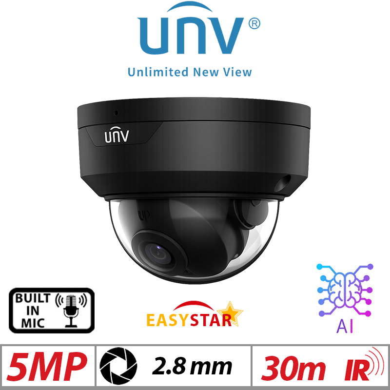 Uniview 5MP Fixed Dome Network Camera – Vandal-Resistant, HD, 2.8mm, BLACK (IPC325LE-ADF28K-H-BLACK)