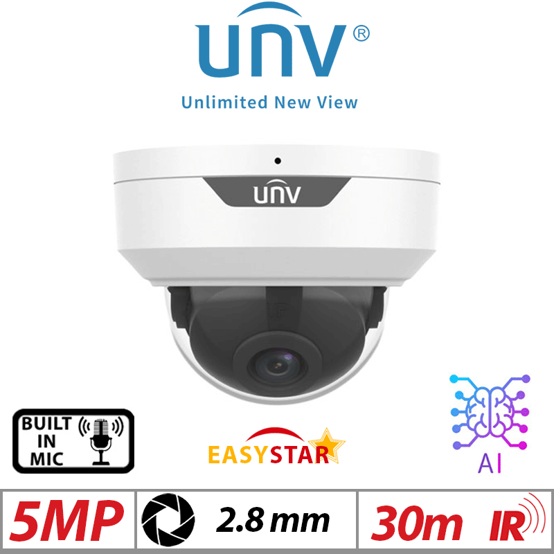 Uniview 5MP Fixed Dome Network Camera – Vandal-Resistant, HD, 2.8mm, White (IPC325LE-ADF28K-H)