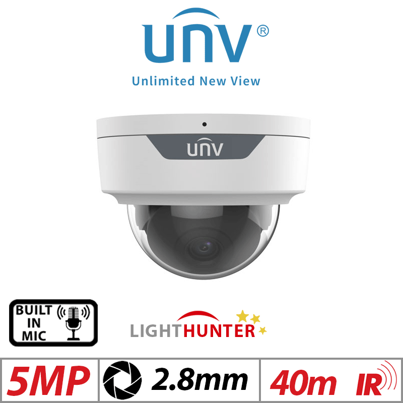 Uniview 5MP Fixed Dome Network Camera – Intelligent Lighthunter, IR, AI, Mic, 2.8mm, White (IPC325SS-ADF28K-I1)
