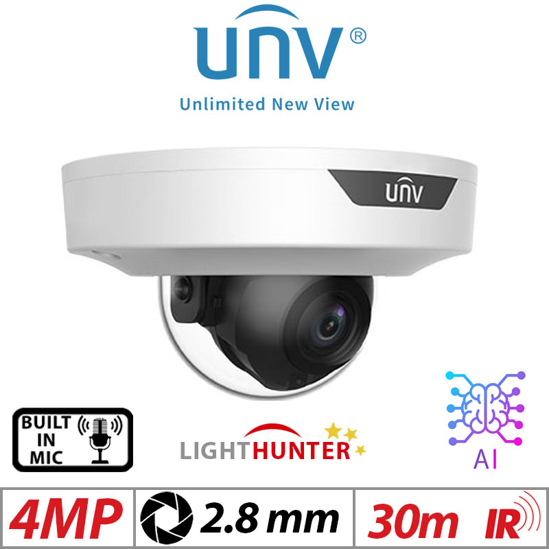 Uniview 4MP Fixed Dome Network Camera – Lighthunter, AI, Cable-Free, IR, 2.8mm (IPC354SB-ADNF28K-I0)