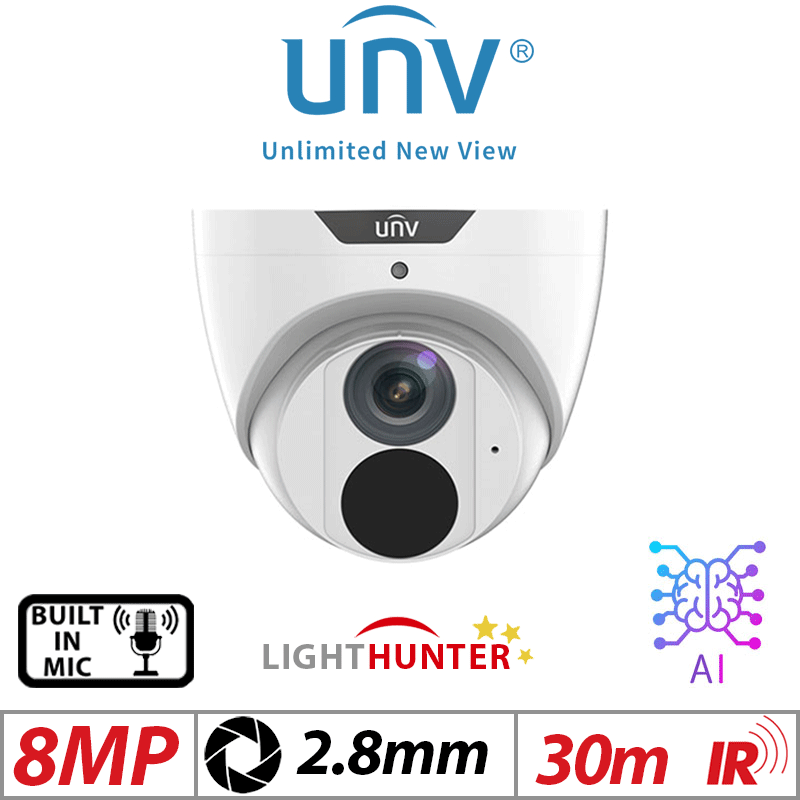 Uniview 8MP Fixed Dome Network Camera – Lighthunter, IR, 2.8mm, White (UNV-IPC3618SB-ADF28KM-I0)