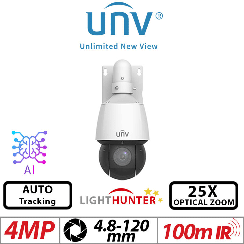 Uniview 4MP PTZ Camera – Lighthunter, 25X Zoom, AI, White (IPC6424SR-X25-VF-B)
