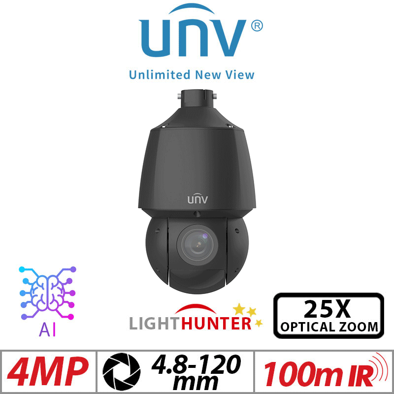 Uniview 4MP PTZ Camera – Lighthunter, 25X Zoom, AI, Black (IPC6424SR-X25-VF-BLACK)