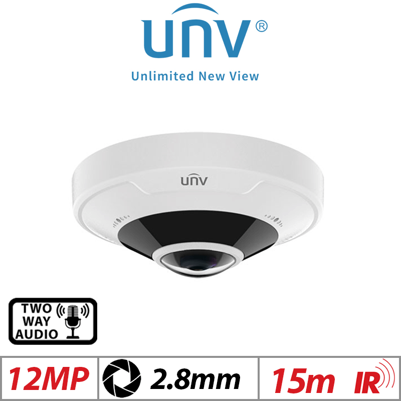 Uniview 12MP Fisheye IP Camera – Vandal-Resistant, PoE, Mic, 2.8mm, White (IPC86CEB-AF18KC-I0)