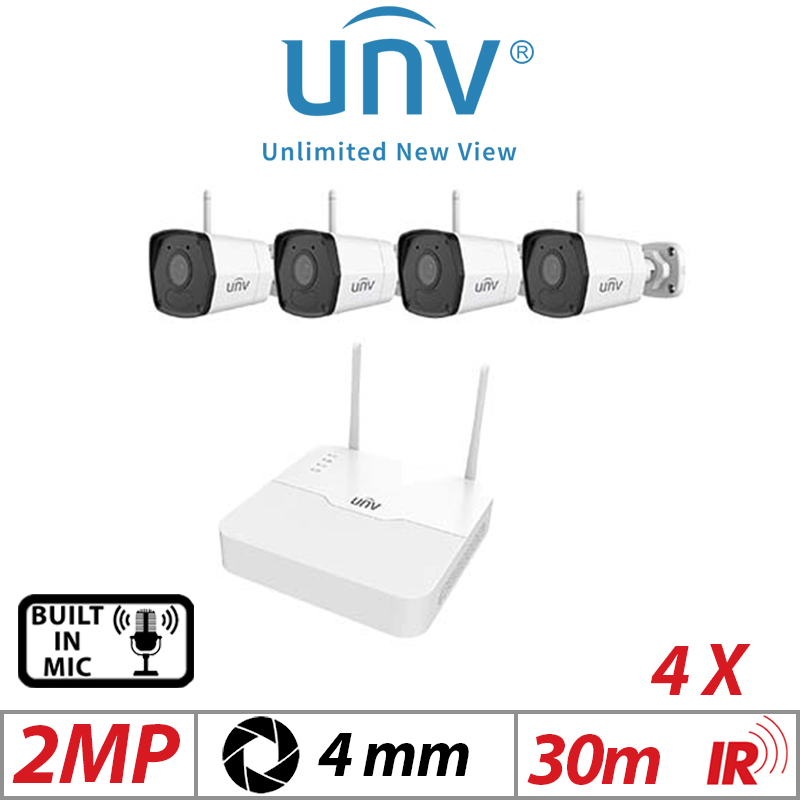 2MP Uniview WiFi Kit – 4-Channel NVR, 4x Bullet Cameras, 4mm, White (UNV-KIT-NVR301-04LS3-W-4-2122LB-ABF40WK-G)
