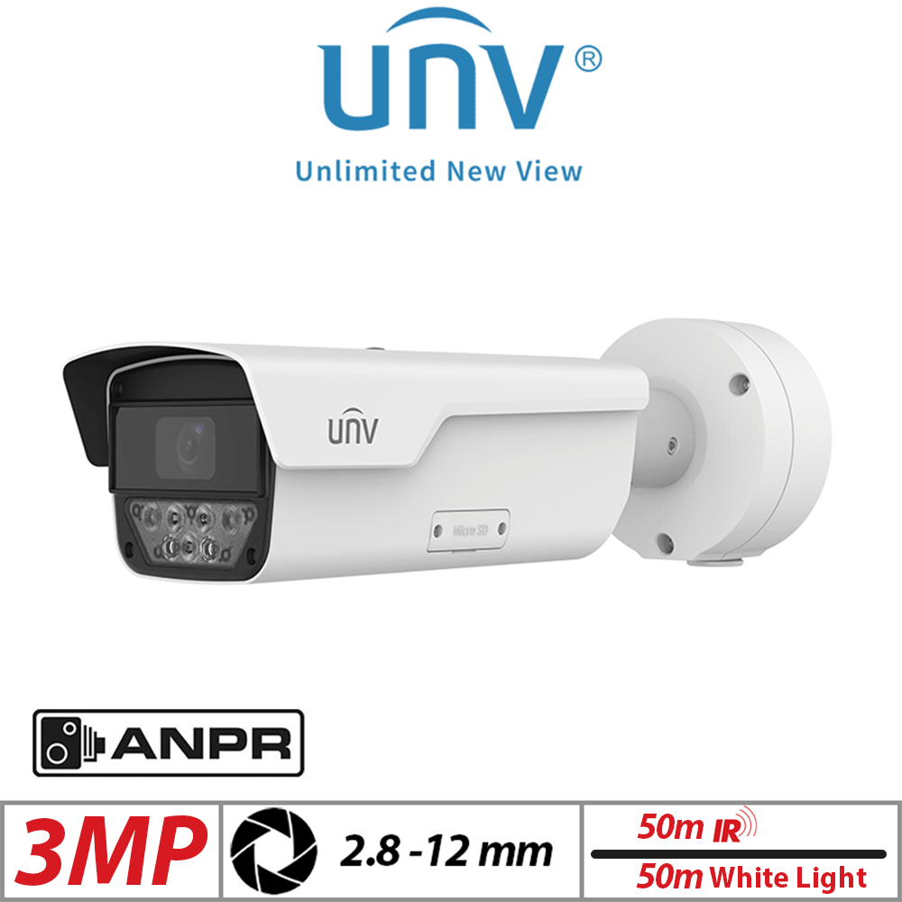 3MP Uniview ANPR Bullet Camera – Motorized Varifocal Lens, 2.8-12mm, White PKC2630@Z28-P