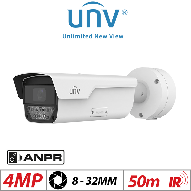 4MP Uniview ANPR Bullet Camera – Motorized Varifocal Lens, 8-32mm, White (PKC2640@Z80-IR-P)