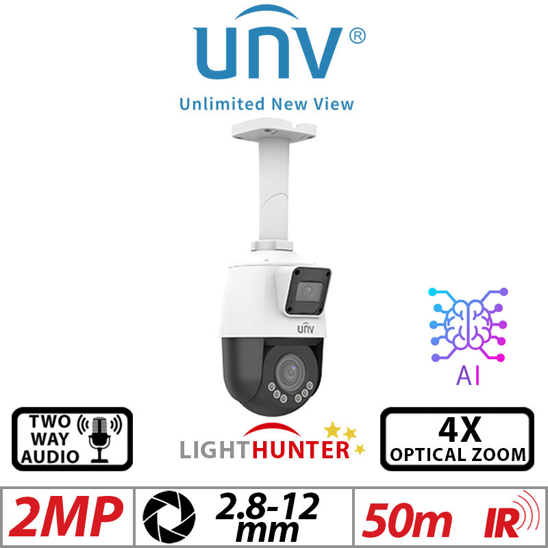 Uniview 2×2MP PTZ Camera – Lighthunter, 4X Zoom, AI, 2-Way Audio (IPC9312LFW-AF28-2X4)